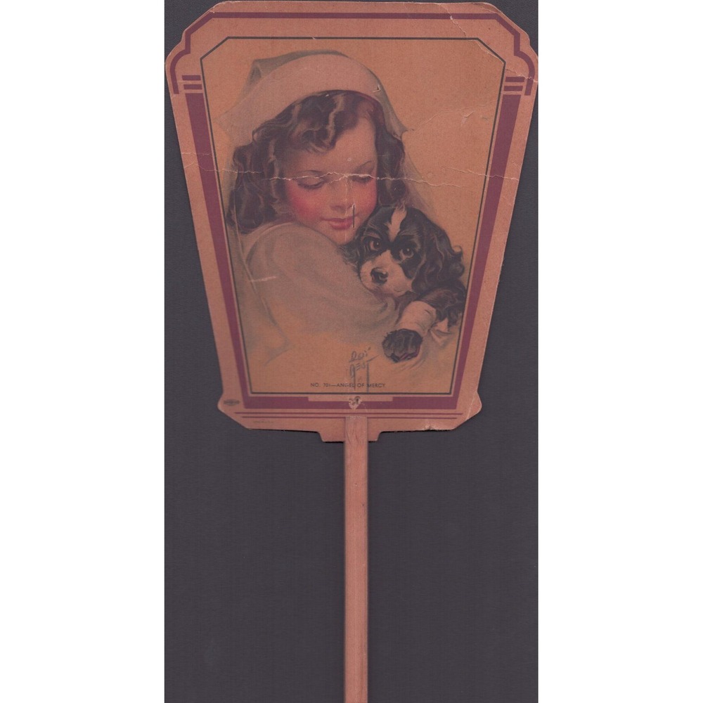 Vtg Angel of Mercy Hand Fan Lou Mayer Girl Puppy Dog Cardboard Funeral Church